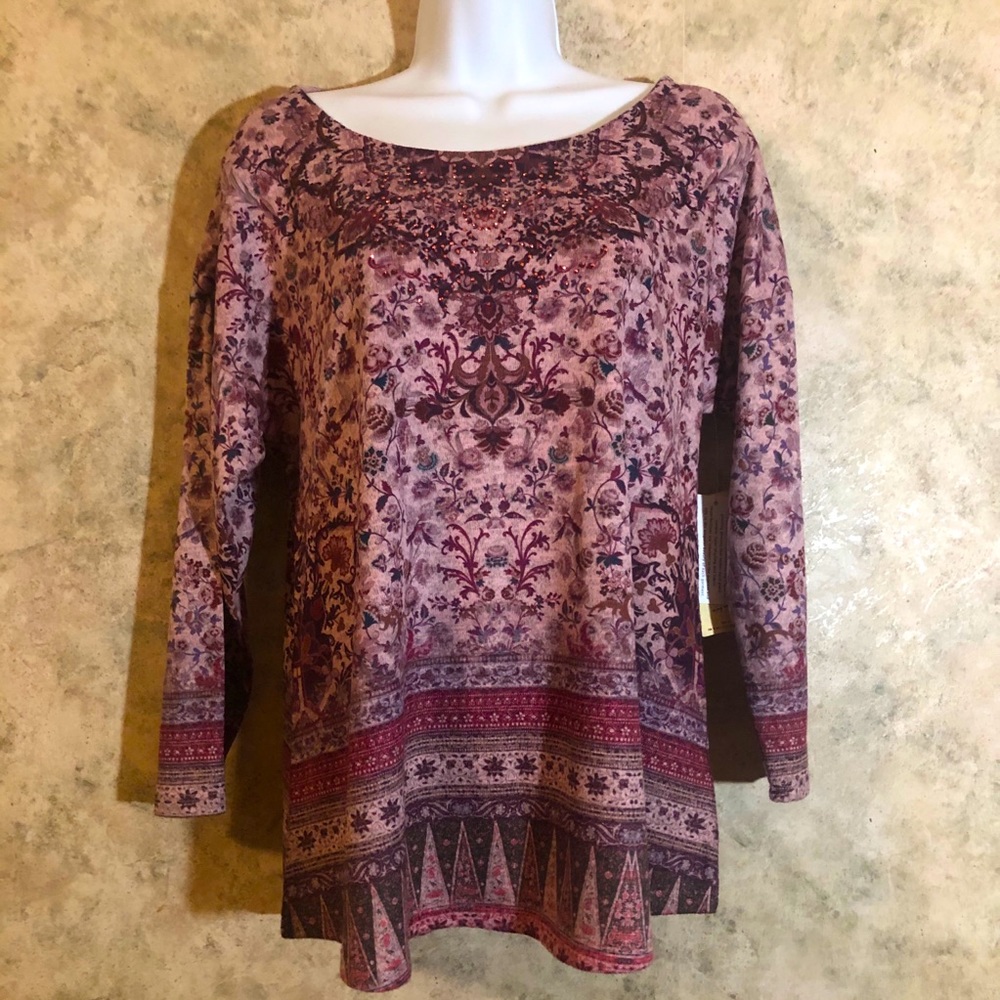 One World Floral Bling 3/4 Sleeve Top